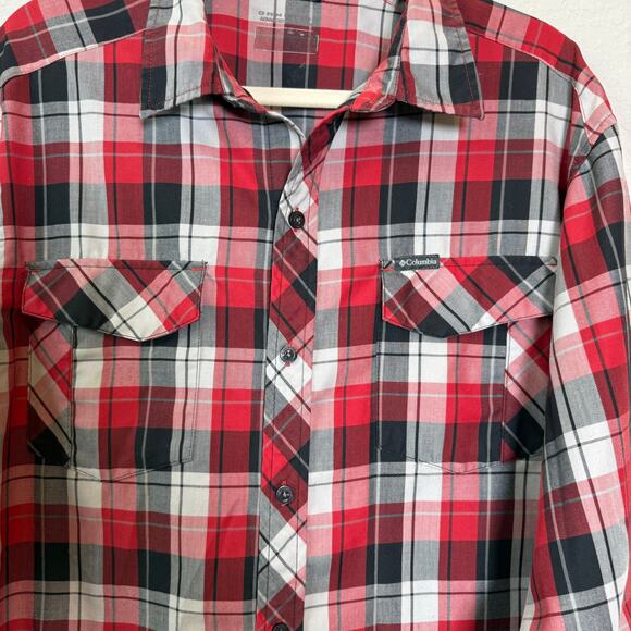 Men's Columbia Red White Black Plaid Button Down Long Sleeve Size L - Picture 3 of 8